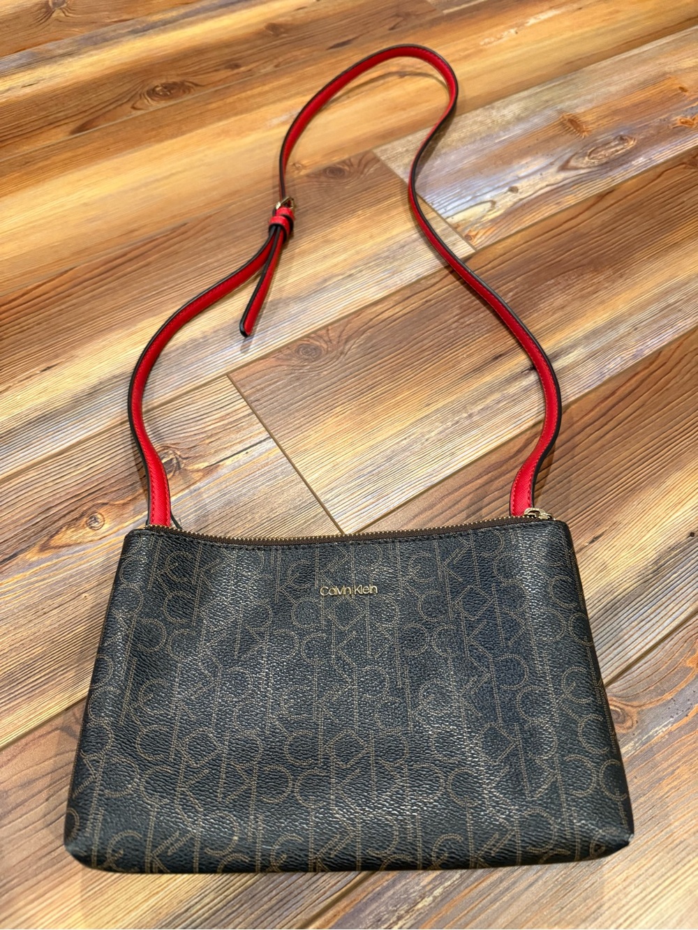 Calvin Klein Brown Monogram Crossbody with Red Strap